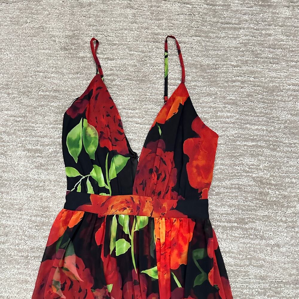 Bebe Romper Maxi Dress Womens 0 Red Black Floral Deep V Neck Slits - Picture 2 of 15